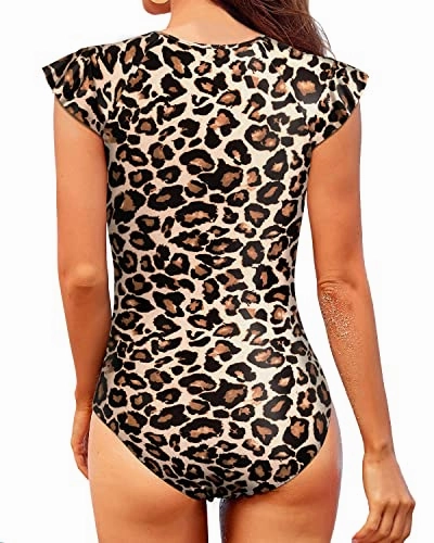 Women's Short Sleeve Rash Guard High Neck And Zipper-Leopard
